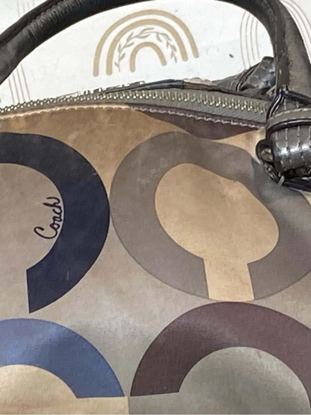Coach Madison Maggie Multicolor Navy Gray Cream Circle Print Hobo Satchel
